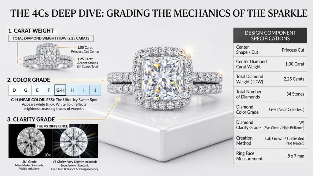 A detailed infographic titled "The 4Cs Deep Dive" displaying a white gold princess halo diamond ring, visual charts for carat weight, color grade G-H, a 10x magnification clarity comparison, and a design specification table.