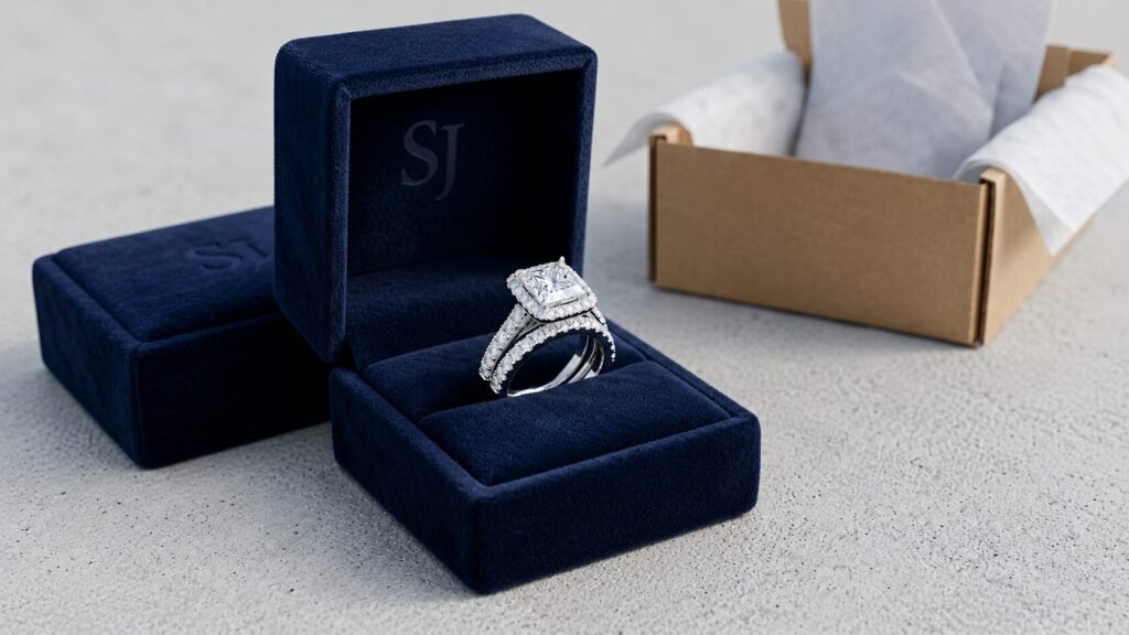 Ultra HD close-up of an open velvet box showing a white gold princess halo lab-grown diamond engagement ring and a seamlessly integrated, flush-fit pave wedding band.