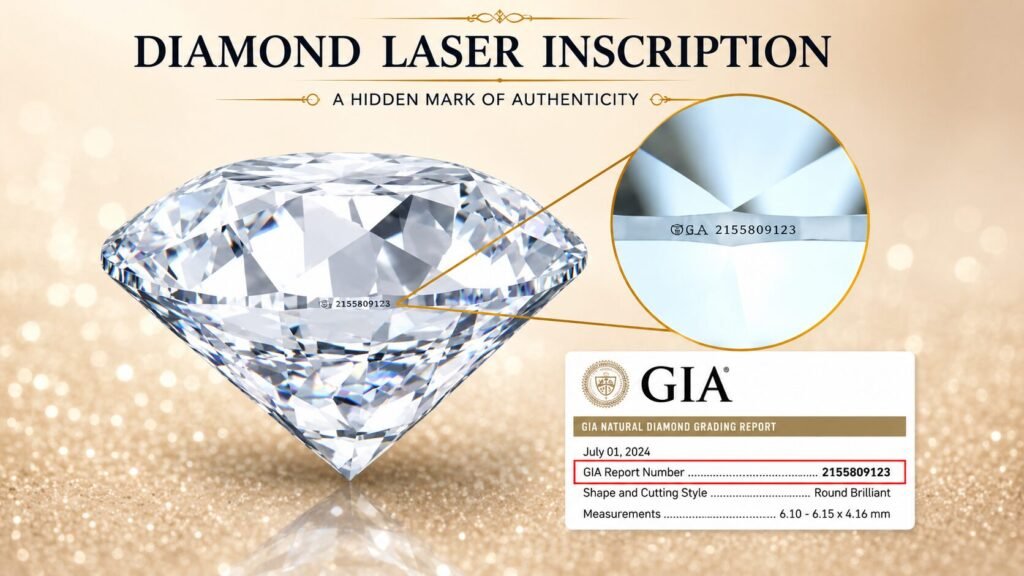 Close-up view of a diamond featuring a microscopic laser inscription on the girdle, magnified to reveal the matching GIA report number that corresponds to the official diamond grading certificate.