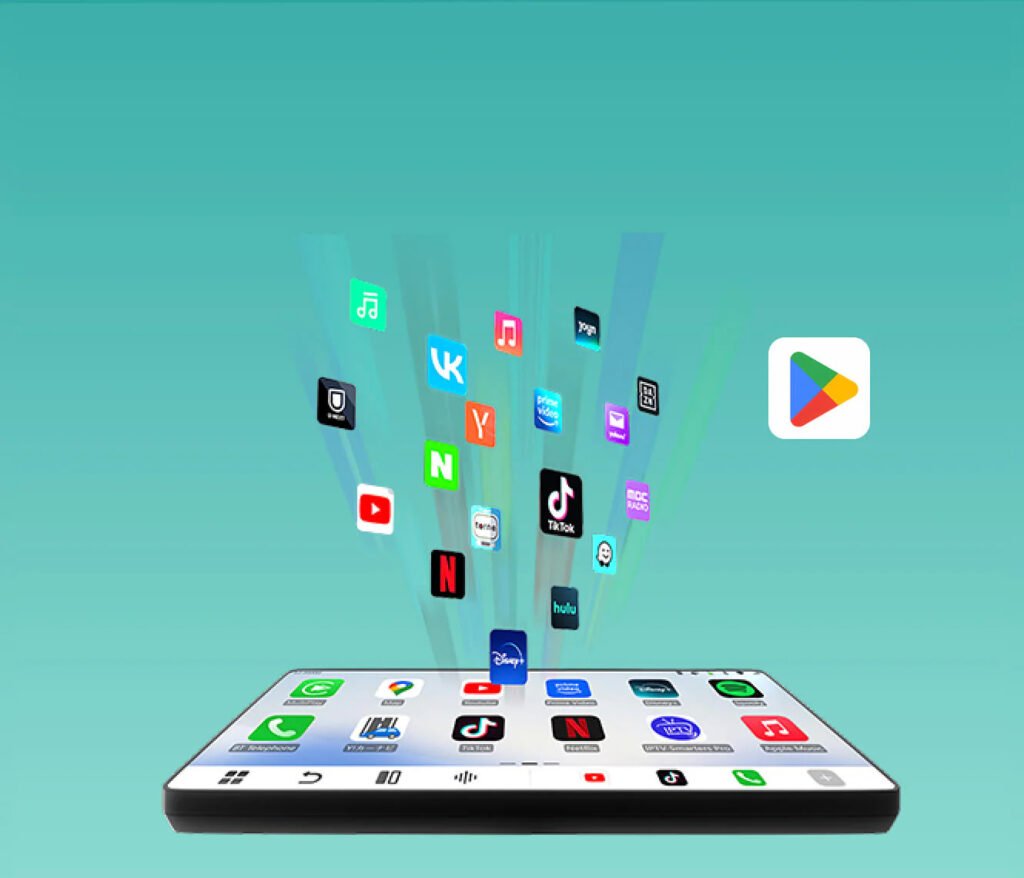 Ottocast CarPlay AI Box showing apps like YouTube Netflix navigation and entertainment on car screen