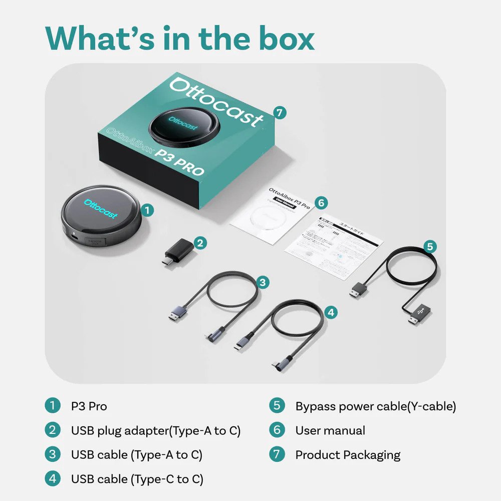 Ottocast P3 Pro box contents showing AI box device USB cables adapter bypass power cable user manual and packaging accessories