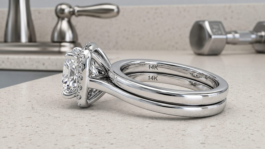 Close-up side profile photograph of a white gold diamond bridal set on a stone counter, showing the "14K" hallmark engraved inside both rings with a blurred faucet and dumbbell in the background.
