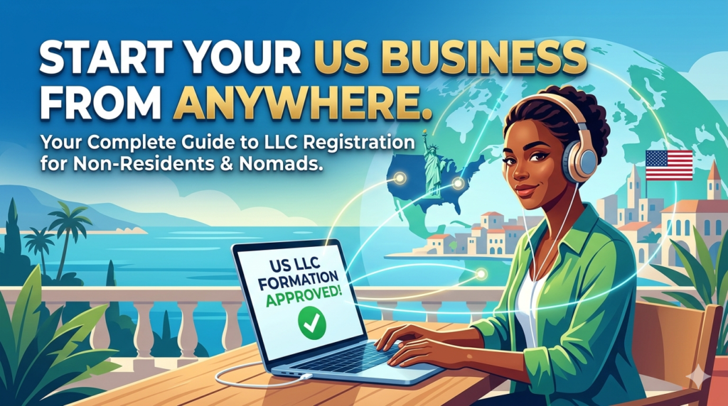 A modern entrepreneur working on a laptop on a balcony, successfully forming a US LLC remotely with global connectivity iconography.