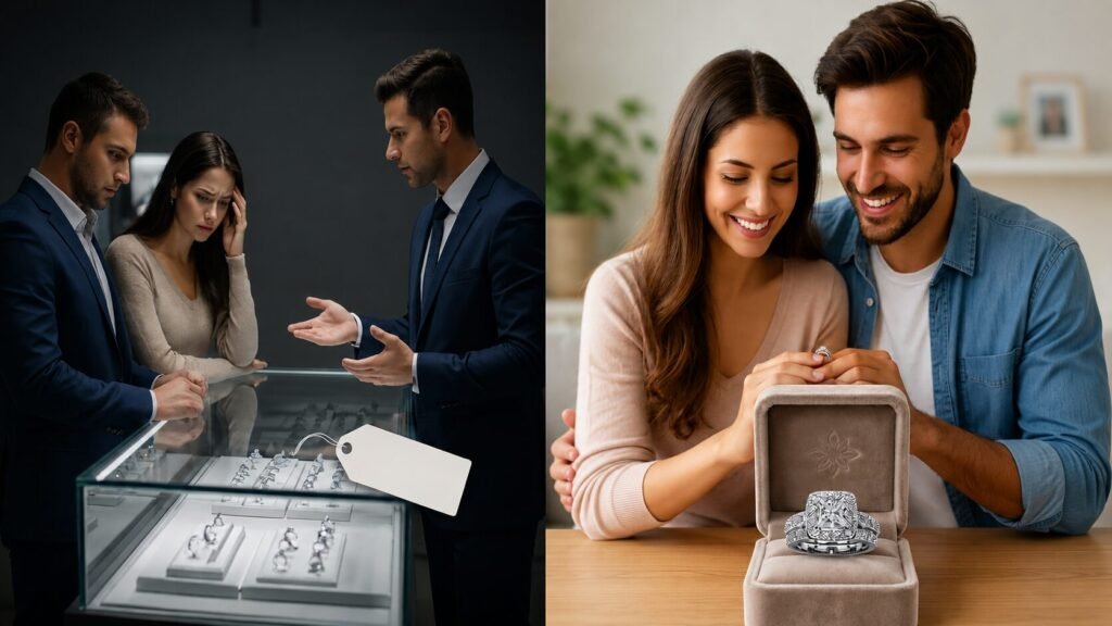 Split photo showing a stressed couple dealing with a jewelry salesman on the left, and a happy couple admiring a lab-grown princess halo diamond bridal set on the right.