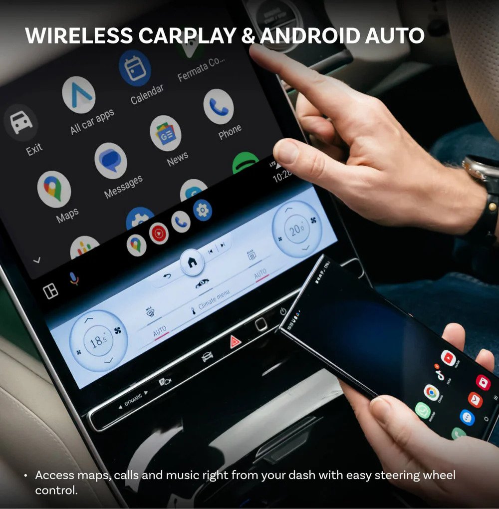 wireless Apple CarPlay and Android Auto on car dashboard using Ottocast AI Box for smart infotainment and cable-free connectivity