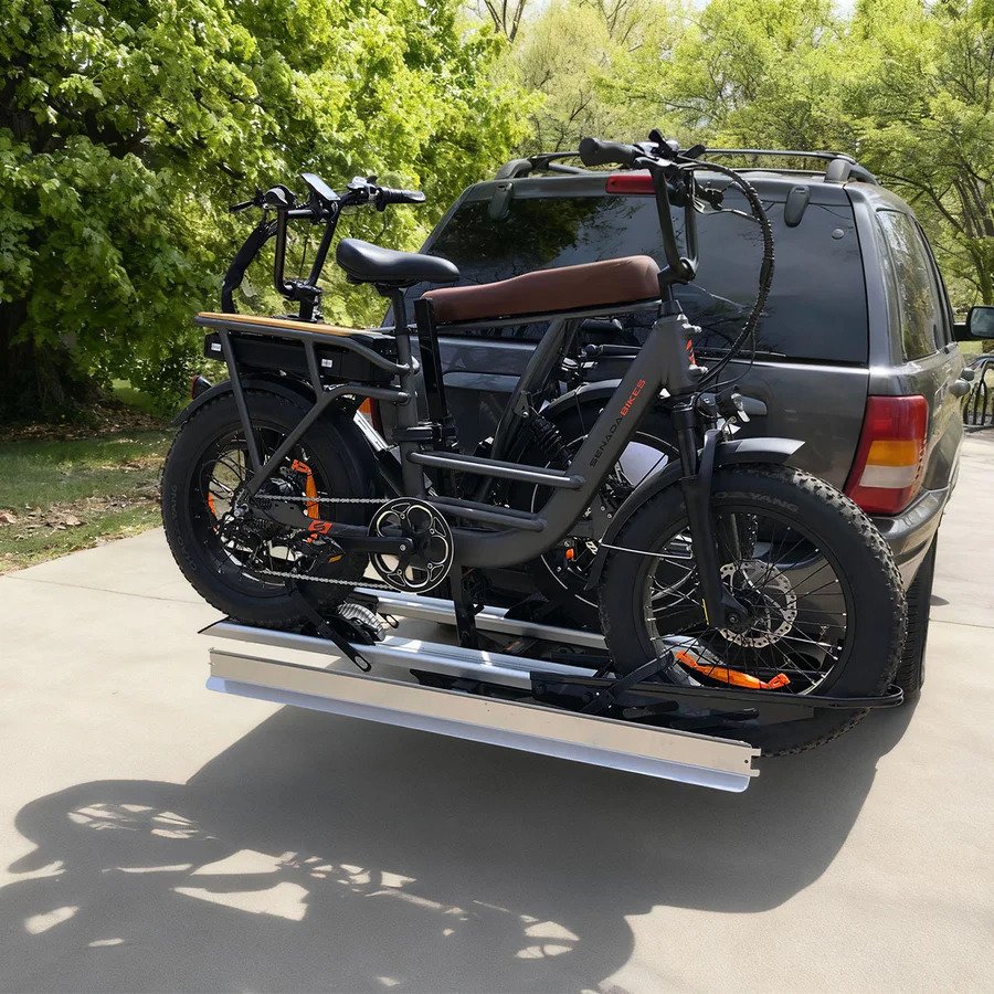 2-bike hitch e-bike rack with ramp, foldable design, and built-in lock for secure heavy electric bike transport