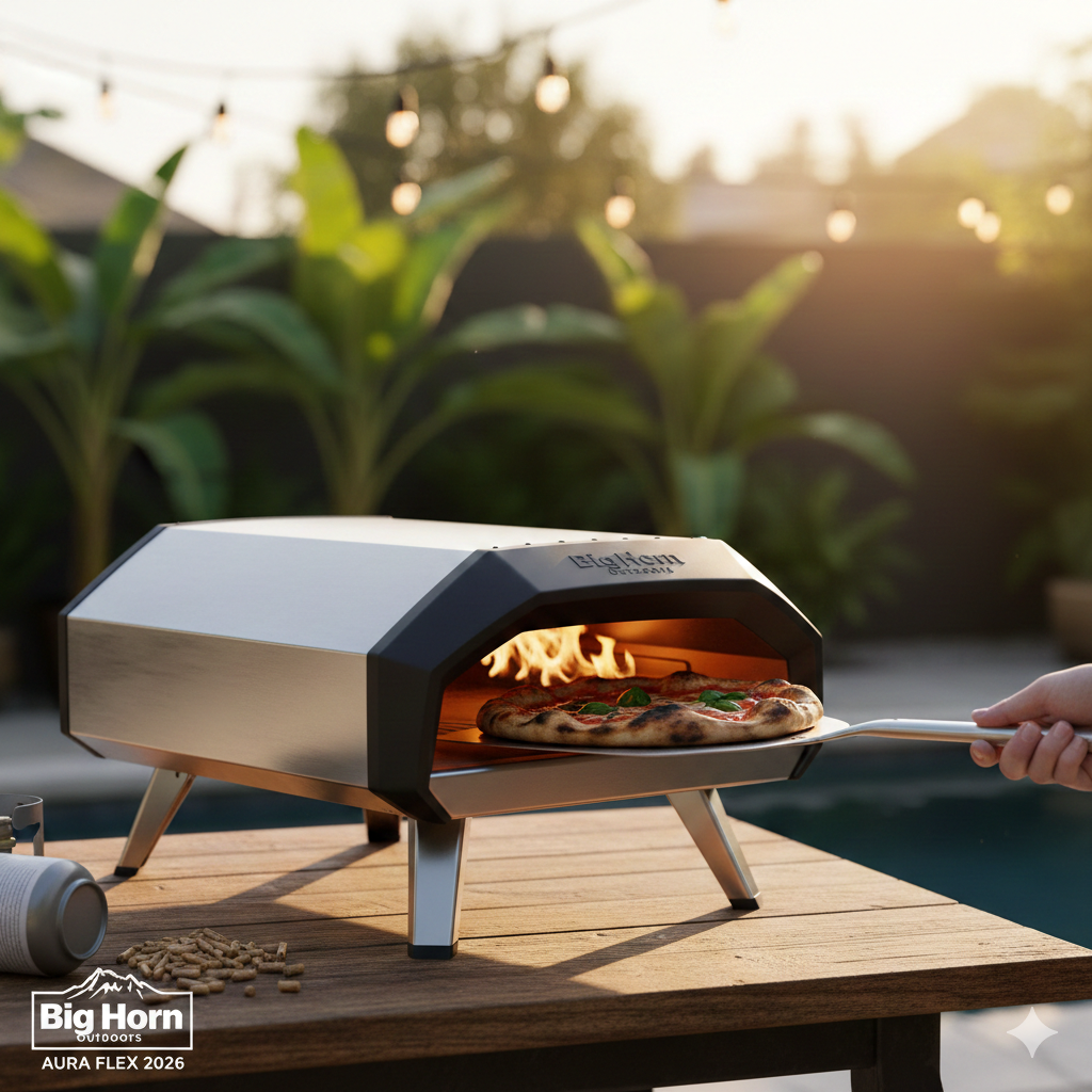 2026 Big Horn Outdoors Aura Flex dual-fuel pizza oven reaching 900 degrees for a professional backyard pizza.