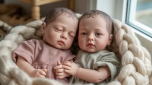 Close-up of Babeside Realistic Silicone Baby Lucy & Carina 16-inch twins on a cream blanket; one doll is sleeping and one has open eyes, showing lifelike platinum silicone skin texture.