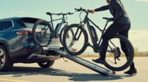 heavy-duty e-bike hitch rack with ramp carrying two electric bikes on SUV