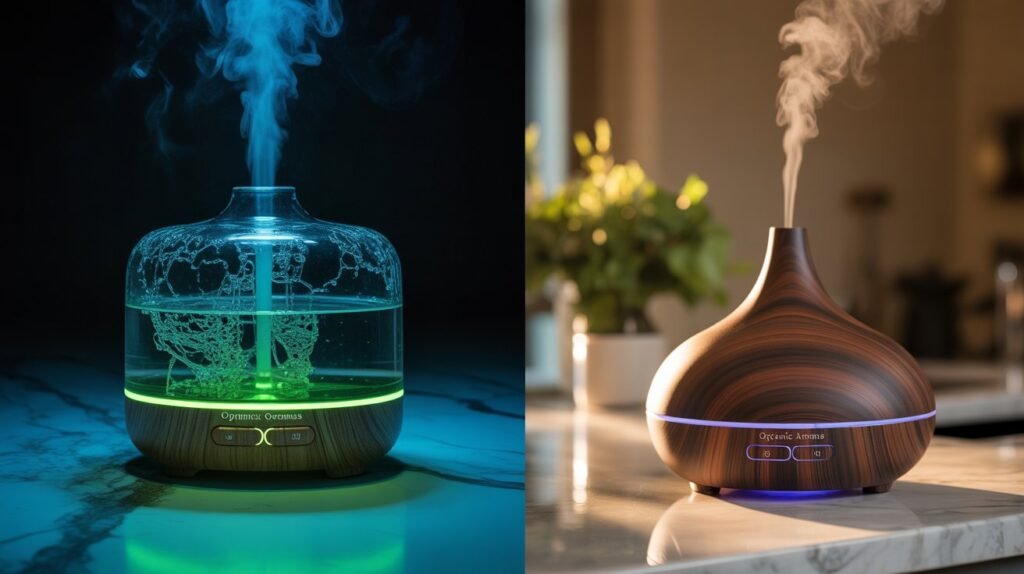 A high-definition split-screen comparison: the left side displays a cracked, dirty plastic ultrasonic diffuser with visible green mold and a sickly blue light; the right side features a premium Organic Aromas Raindrop 3.0 made of dark hardwood and hand-blown glass emitting a fine mist on a marble countertop under warm golden hour lighting.