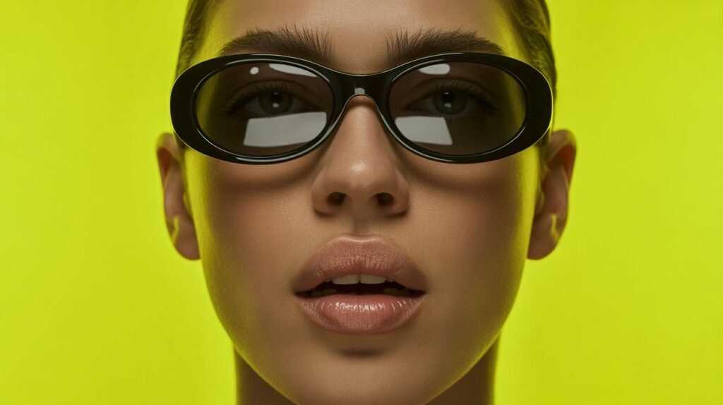 Influencer wearing SOJOS SJ2157 retro oval sunglasses in black acetate, posing with main character energy and high fashion rizz on a neon yellow background.
