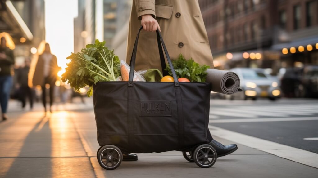 A fully loaded Hulken grocery bag with wheels being rolled into a modern apartment elevator.