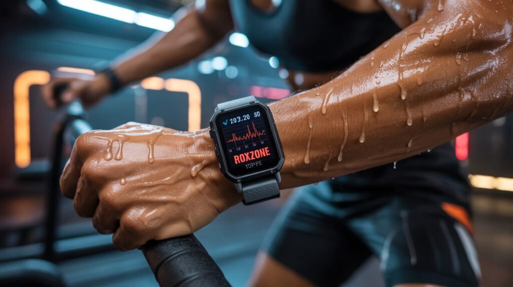 Close-up of the Amazfit Bip 6 aluminum smartwatch showing the specialized HYROX Race mode and Roxzone transition timer on its 2,000-nit AMOLED display during an intense workout.