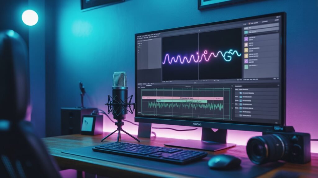A high-end creator desk setup with neon RGB lighting showing the Movavi Video Suite 2026 interface on professional monitors.