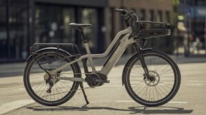 Long-tail cargo e-bike fully loaded with gear and groceries to demonstrate high payload capacity.