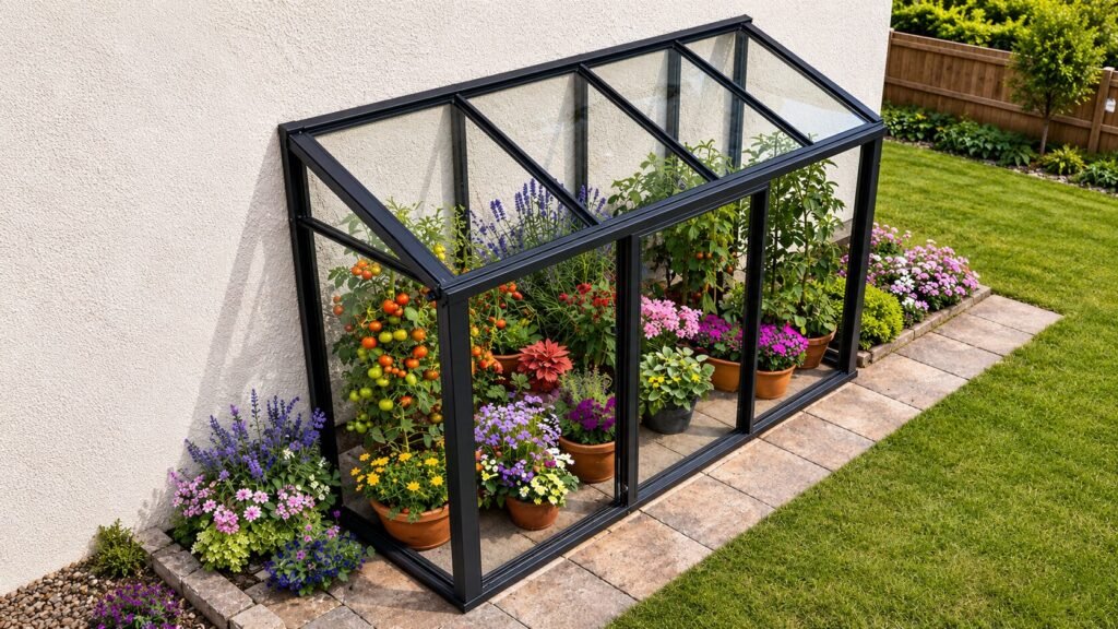 Bloomcabin aluminum mini wall greenhouse with compact space-saving design, durable aluminum frame, sliding door, roof ventilation windows, and tempered glass panels installed against a garden wall for year-round home gardening.