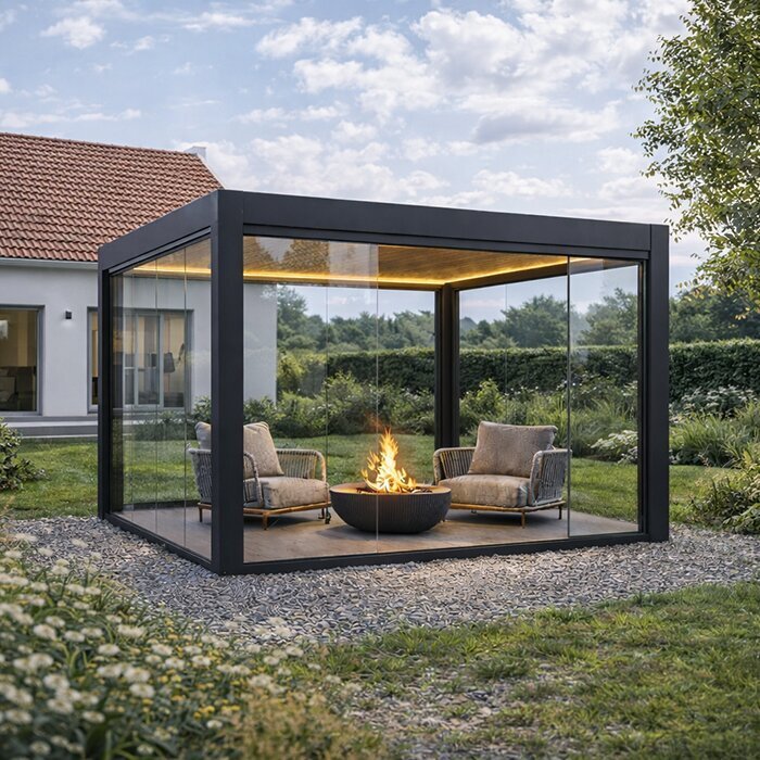 Bloomcabin bioclimatic pergola with adjustable aluminum louvered roof, modern outdoor structure featuring automated control options, integrated drainage system, and customizable side panels for all-weather patio comfort and luxury outdoor living.