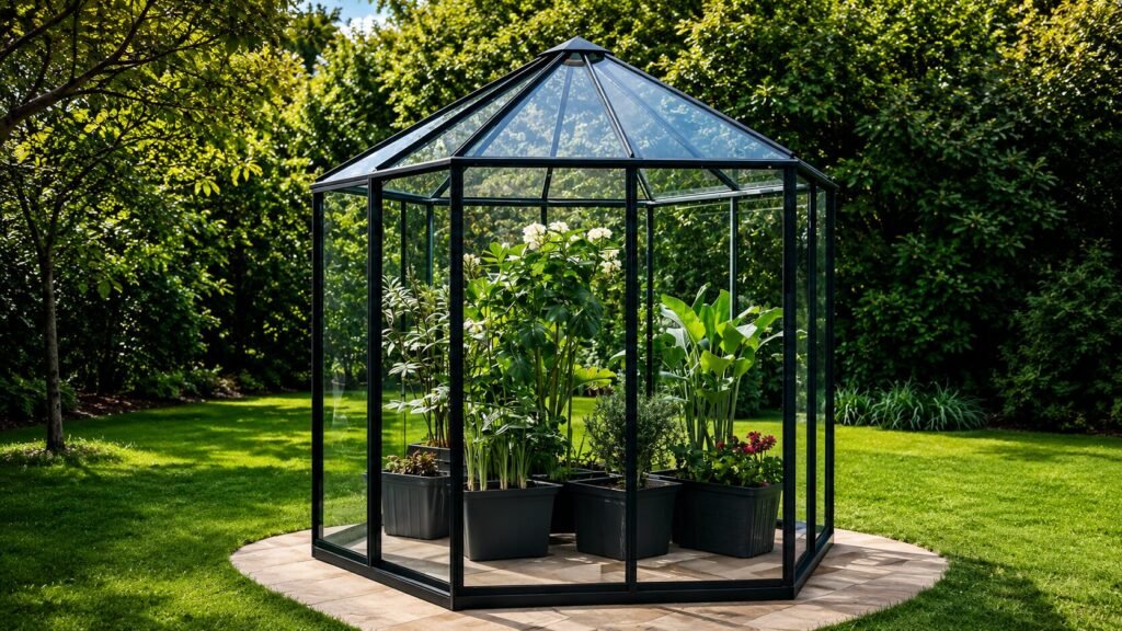 Bloomcabin Hexagon Greenhouse six-sided aluminum glass garden structure used as a backyard greenhouse and relaxation tea pavilion