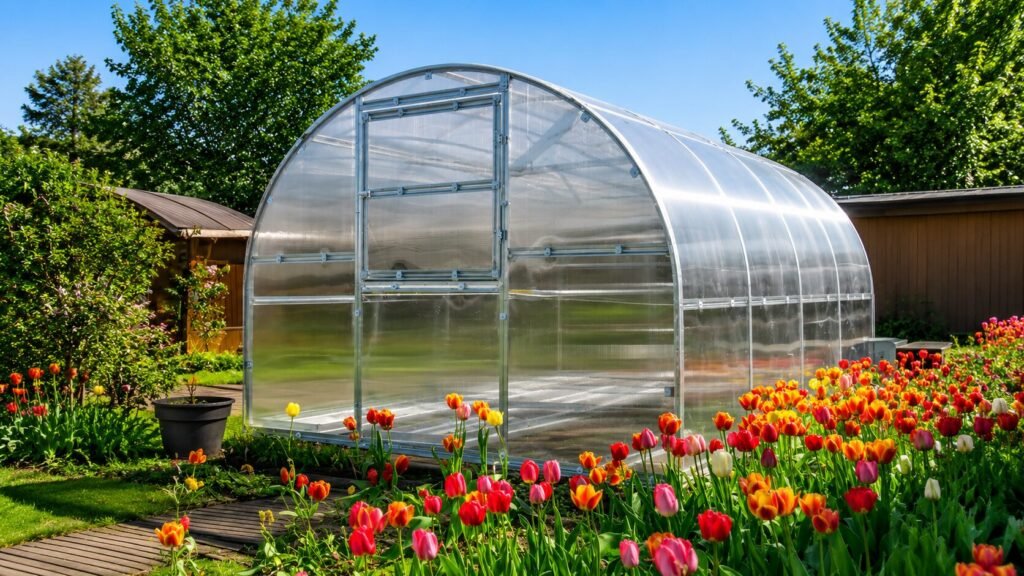 Bloomcabin high tunnel greenhouse with zinc-coated steel frame, omega-shaped structure, durable polycarbonate panels, side ventilation windows, and spacious year-round garden tunnel design for growing vegetables and plants.