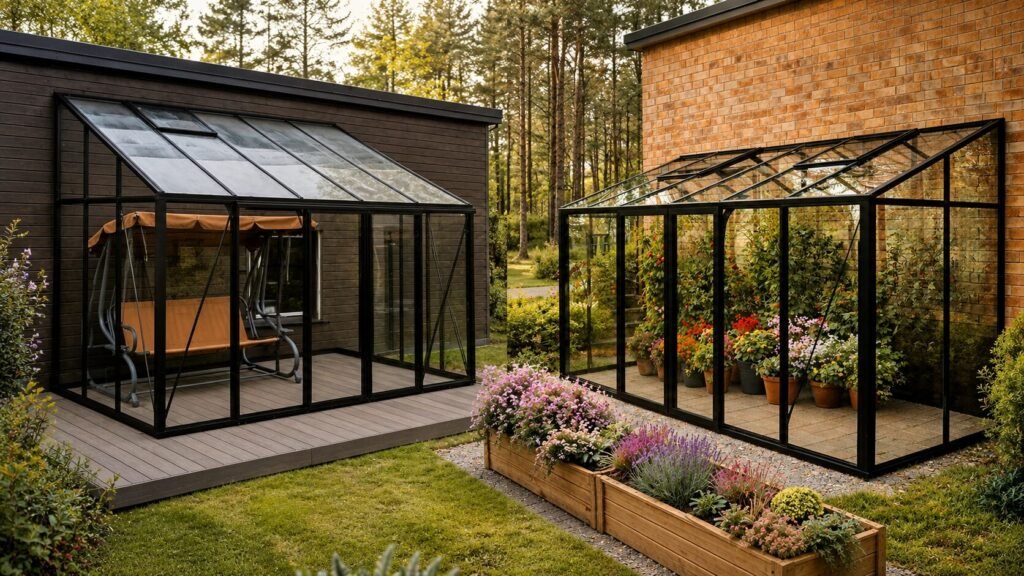 Bloomcabin Lean-To aluminum greenhouse with wall-mounted design, sliding glass doors, integrated gutter system, durable aluminum frame, and compact modern garden greenhouse structure for year-round gardening.