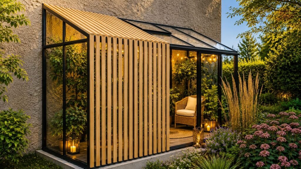 Bloomcabin lean-to greenhouse with Accoya wood detailing, wall-mounted aluminum frame, sliding glass doors, roof ventilation windows, integrated gutter system, and luxury garden greenhouse design for year-round gardening and relaxation.