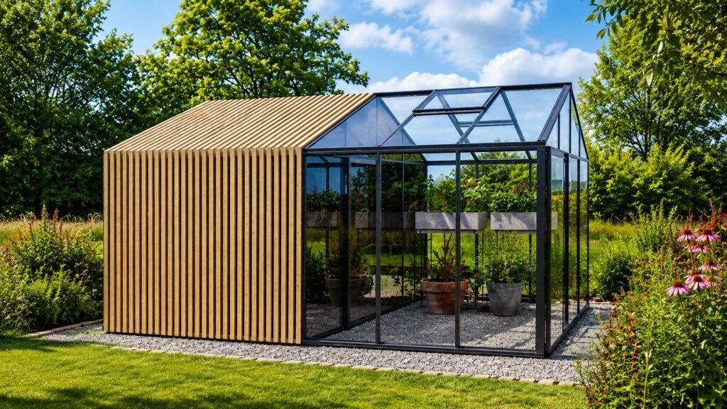 Bloomcabin limited edition aluminum greenhouse with Accoya wood accents, sliding glass doors, roof vents, durable aluminum frame, integrated gutter system, and luxury garden greenhouse design for elegant year-round gardening.