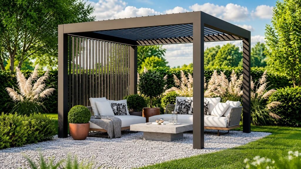Bloomcabin modern aluminum pergola installed in an outdoor patio space featuring a sleek minimalist design, durable structure, integrated rain gutter system, and stylish shaded area for outdoor dining and relaxation.