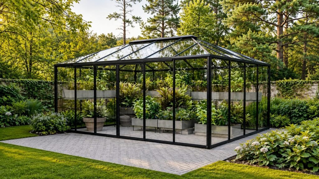 Bloomcabin Oasis pyramid greenhouse with modern geometric glass roof, premium aluminum frame, sliding doors, and spacious luxury garden conservatory design for year-round gardening and outdoor relaxation.