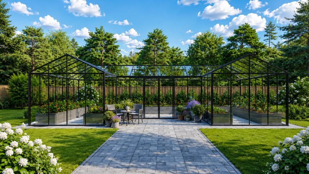 Bloomcabin Orangerie large aluminum greenhouse with tempered glass panels and spacious modern backyard setup