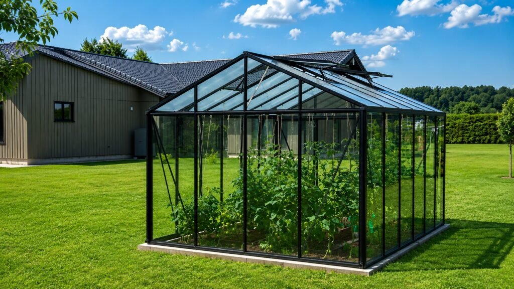 Bloomcabin Premium Classic aluminum greenhouse with sliding glass doors and elegant modern garden design