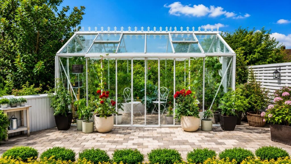 Bloomcabin Premium Classic aluminum greenhouse with durable high-strength frame, sliding doors, customizable tempered glass panels, roof ventilation windows, integrated gutter system, and modern customizable garden greenhouse design for year-round gardening.