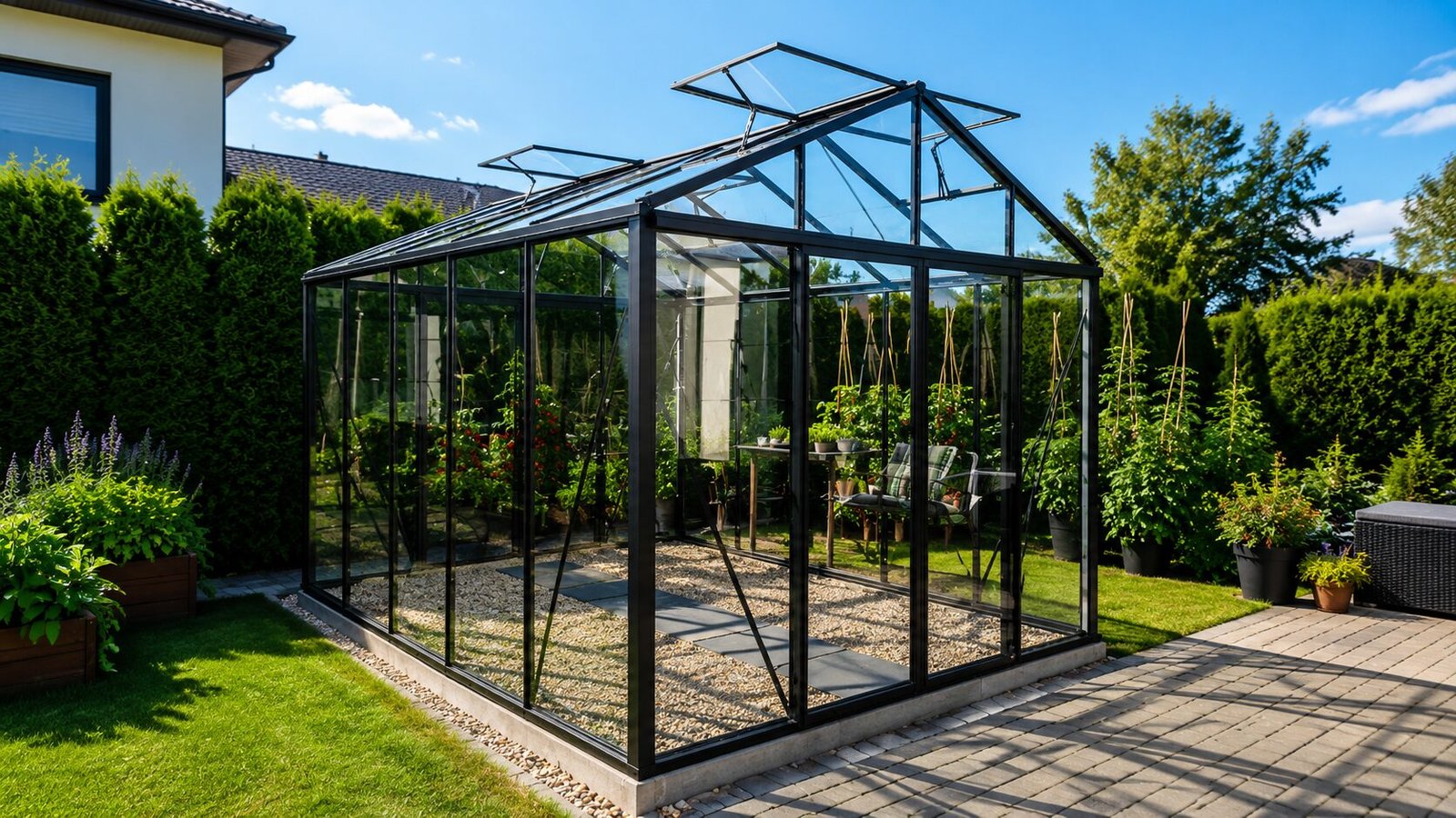 Bloomcabin Premium Classic aluminum greenhouse with high-strength frame, sliding doors, roof ventilation windows, integrated gutter system, customizable glass panels, and modern garden greenhouse design for year-round growing and outdoor living.