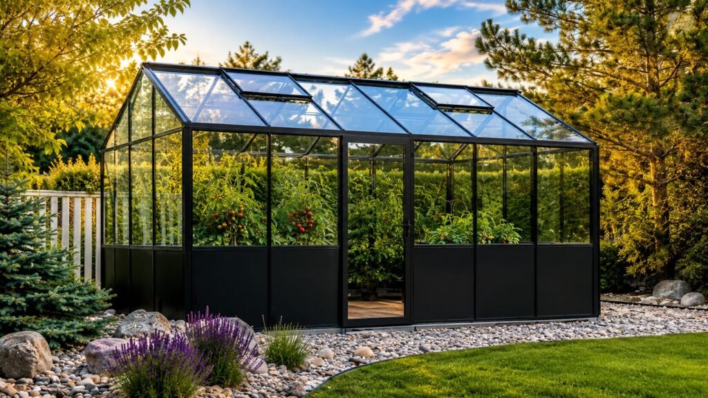 Bloomcabin Prestige aluminum greenhouse with reinforced lower aluminum panels, sliding glass doors, roof ventilation windows, integrated gutter system, and modern luxury garden greenhouse design for year-round gardening and outdoor living.