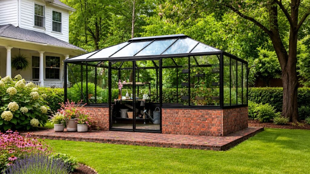 Bloomcabin pyramid greenhouse mounted on stone wall base with aluminum frame, glass panels, geometric roof design, sliding door, integrated gutter system, and modern architectural garden greenhouse for year-round growing and relaxation.