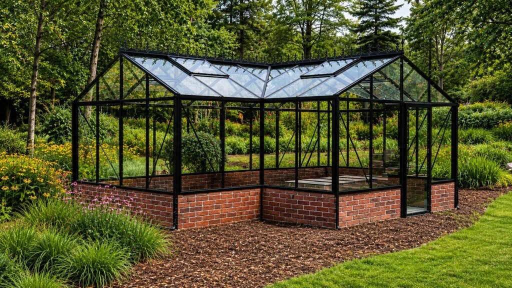 Bloomcabin T-Model wall-mounted greenhouse orangery with T-shaped layout, aluminum frame, tempered safety glass panels, integrated rain drainage system, and modern garden structure for planting, relaxing, and year-round outdoor use.