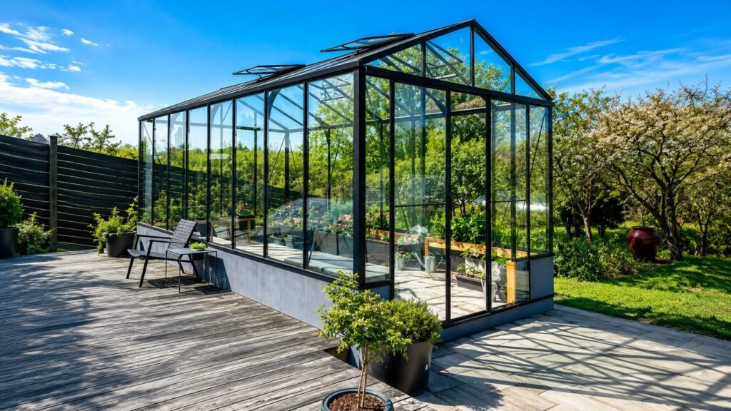 Bloomcabin wall-mounted aluminum greenhouse with tempered safety glass, sliding doors, roof ventilation windows, integrated rain gutter system, and modern elevated garden greenhouse design for year-round growing and outdoor relaxation.