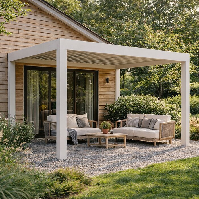 Bloomcabin wall-mounted aluminum pergola attached to a modern home, featuring a minimalist patio cover design, integrated gutter system, durable aluminum structure, and stylish outdoor living space for relaxation and dining