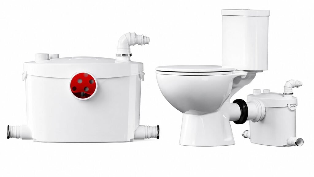 Rear-discharge toilet connected to a macerating pump system showing proper pipe compatibility, secure installation, and wastewater drainage setup.