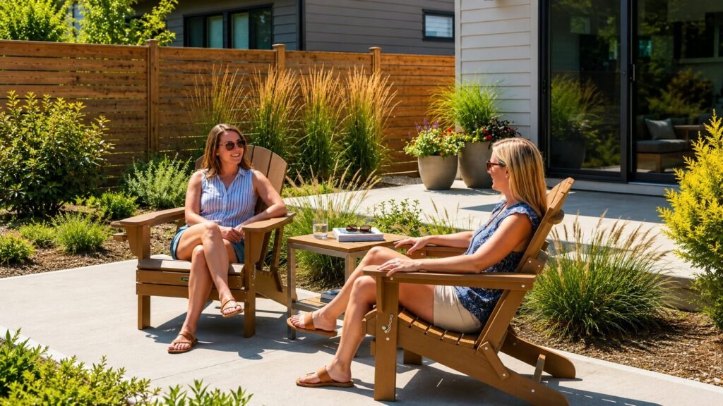 Classic Folding Adirondack Chair with cup holder made from weather-resistant HDPE material on outdoor patio