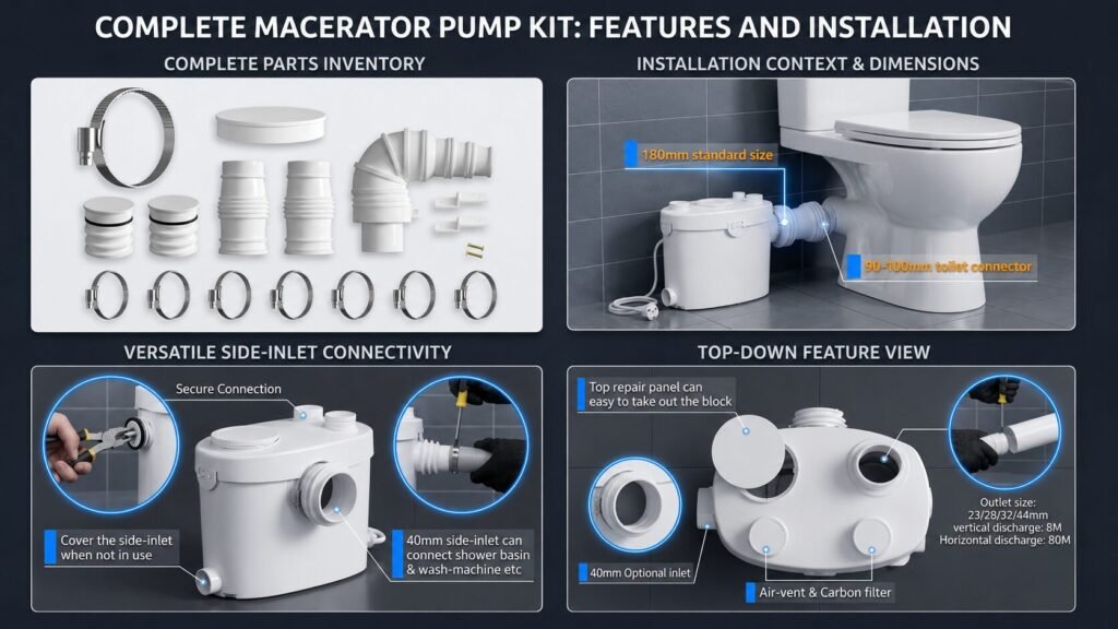 Infographic showing a complete macerator pump kit with parts inventory, installation dimensions, side-inlet connectivity, air vent, carbon filter, and wastewater discharge system for upflush toilets.