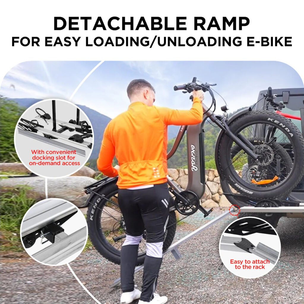 e-bike rack with detachable ramp for easy loading and unloading of heavy electric bikes