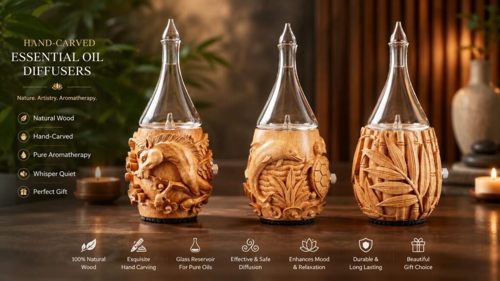 Hand-carved wooden essential oil diffuser with intricate artisan detailing, releasing aromatic mist on a wooden table in a cozy home, spa, or meditation room.