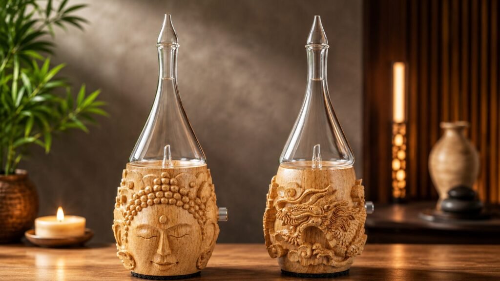 "Hand-carved Buddha and Dragon wooden essential oil diffusers with elegant glass reservoirs in a warm, modern aromatherapy setting."