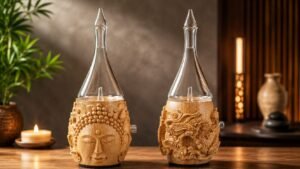 "Hand-carved Buddha and Dragon wooden essential oil diffusers with elegant glass reservoirs in a warm, modern aromatherapy setting."