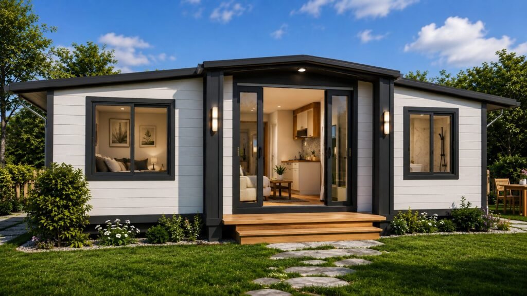 Modern expandable prefabricated tiny house by HOMESELLERS US with white panel siding, black trim, large glass entrance doors, landscaped garden, and warm contemporary interior lighting in a 16:9 Ultra HD exterior view.