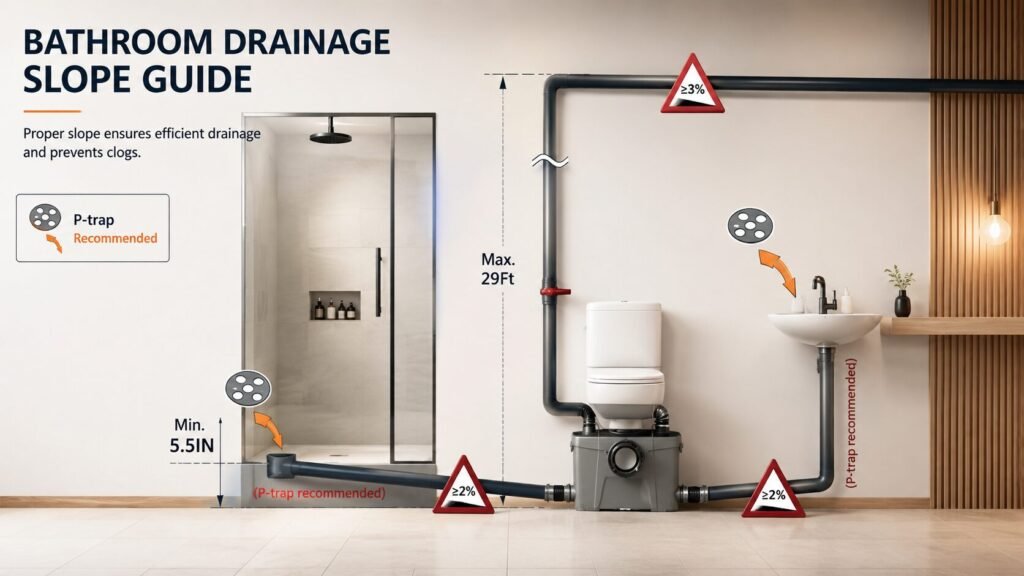 Modern macerating toilet installation showing plumbing connections, macerator pump, discharge pipe, and electrical setup in a bathroom.