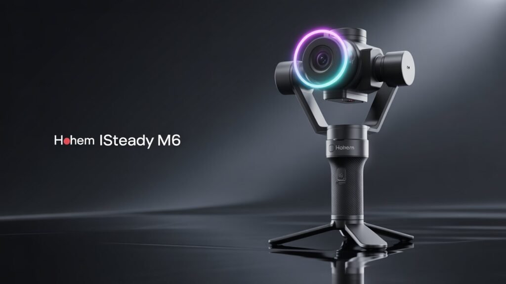 Hohem iSteady M6 Kit smartphone gimbal standing on a mini-tripod with a glowing neon magnetic AI vision sensor on a reflective surface, showcasing professional 3-axis stabilization.