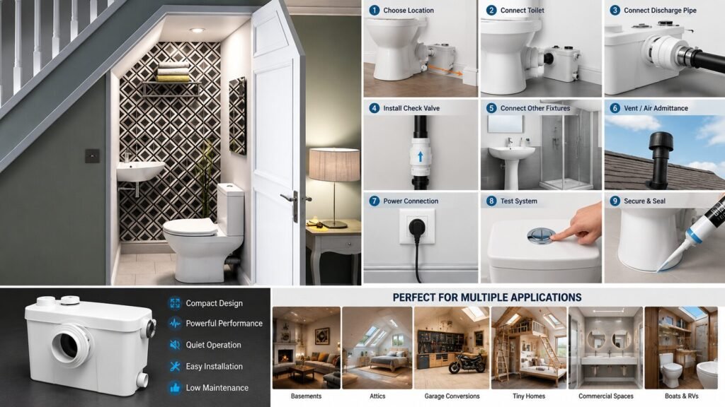 Modern macerating toilet installed in a compact bathroom with hidden pump system for flexible plumbing and easy bathroom additions.