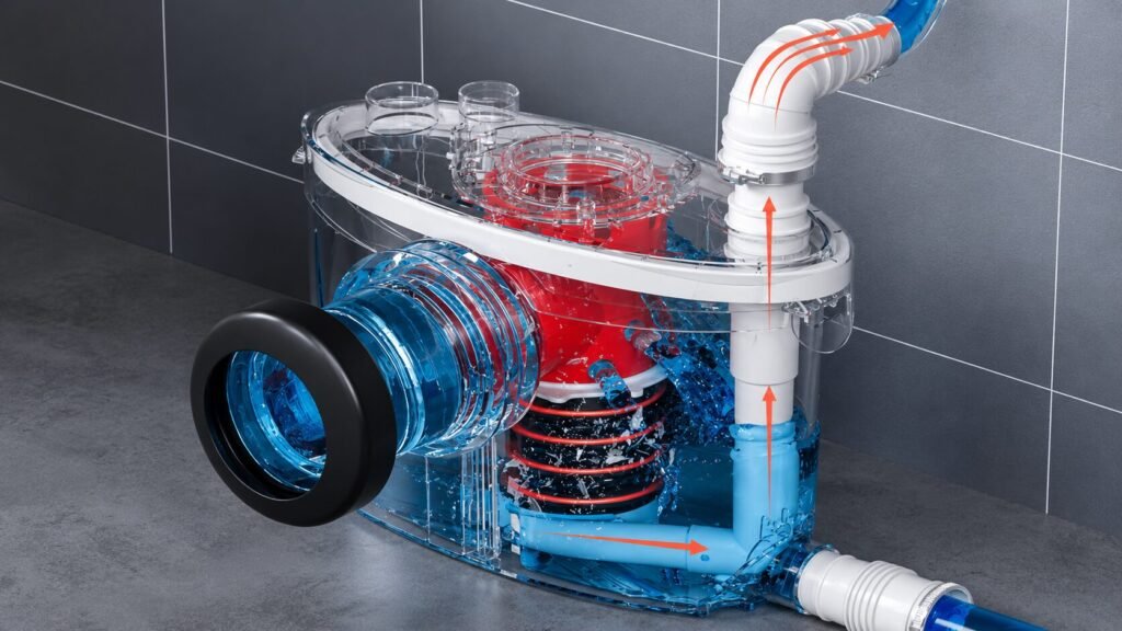 Close-up illustration of a macerator pump impeller spinning at high speed to lift and pump wastewater in an upflush toilet system.