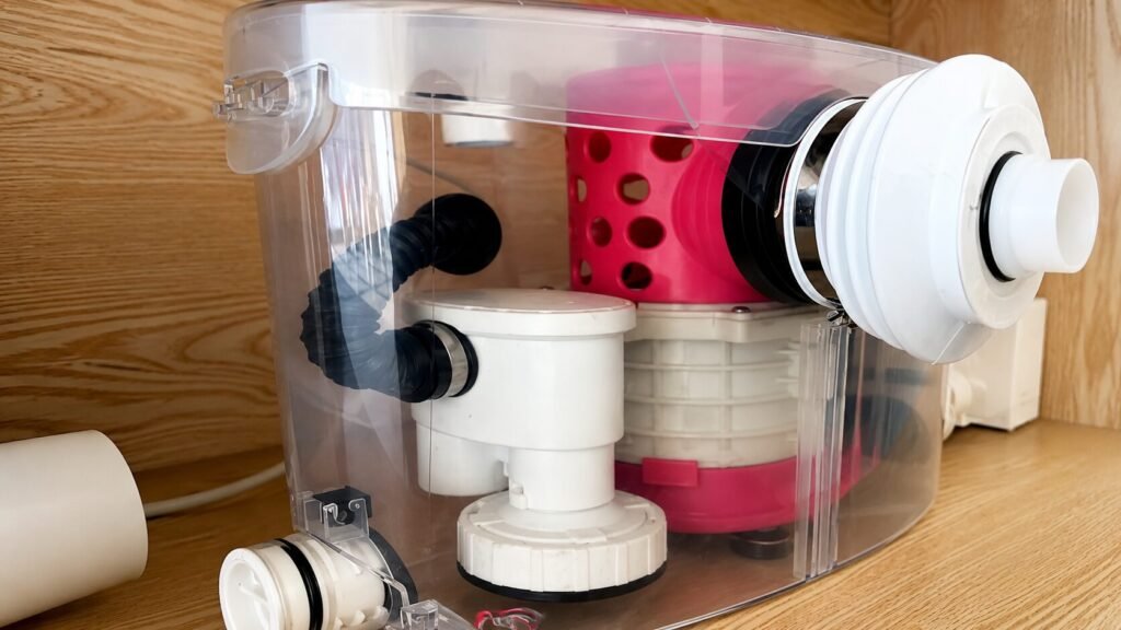 Internal structure of a macerator pump showing float switch, impeller, and stainless steel blades inside an upflush toilet system.
